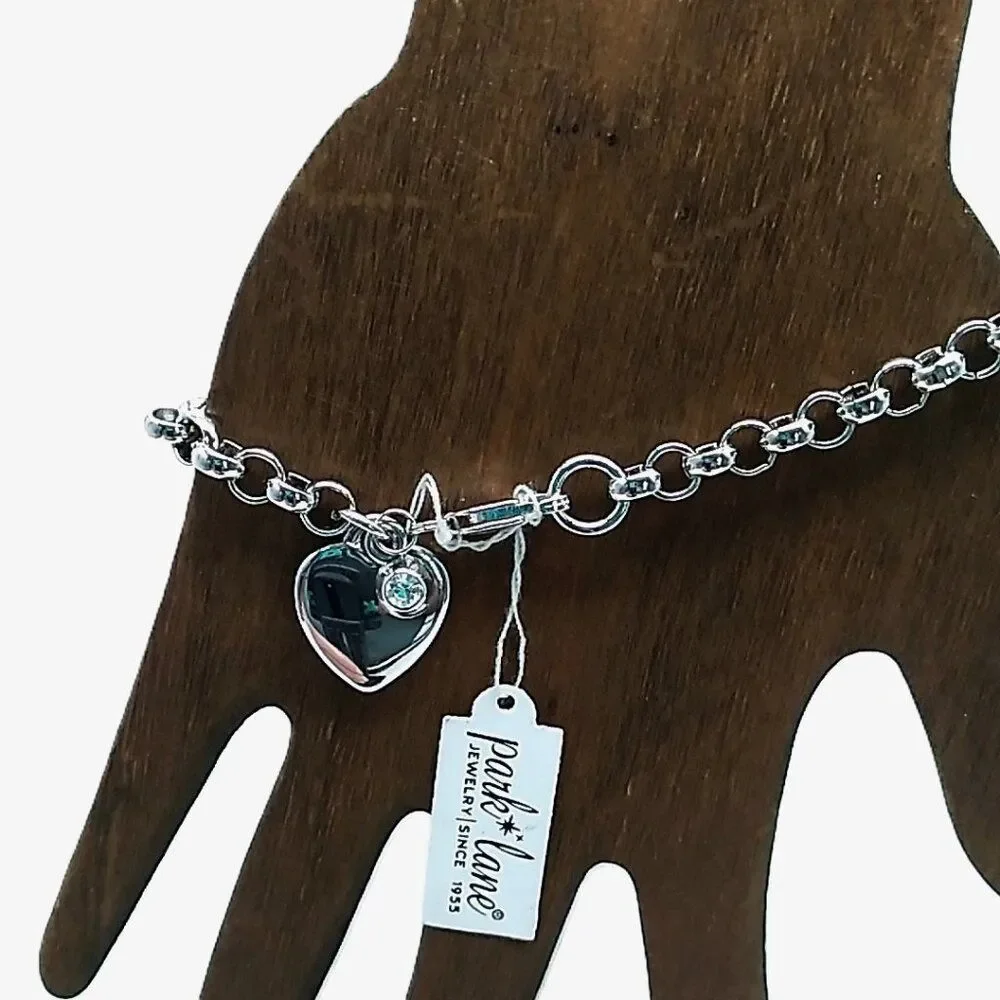 Park Lane Cherish Heart Bracelet Silver-tone Charm Crystal Accent Rolo FLAW READ